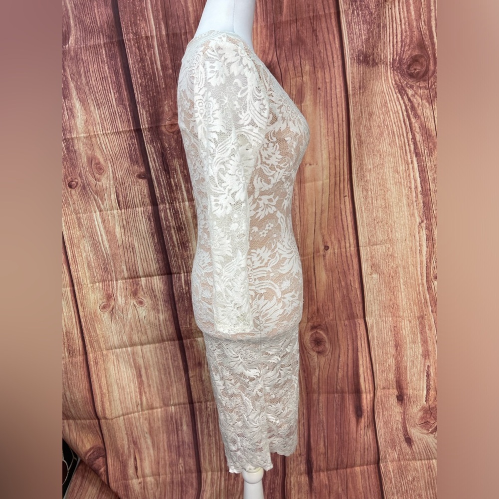 Kimcine off white nude lined 3/4 sleeve V-neck fitted stretch dress women’s S - Picture 8 of 17